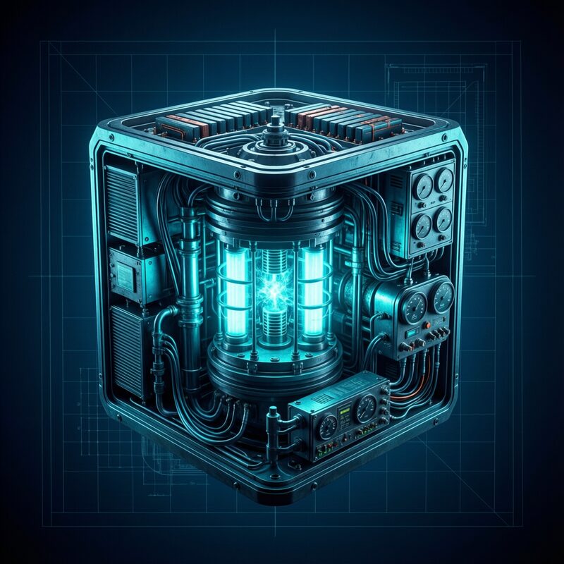 An exploded-view starship component on a faint blueprint grid