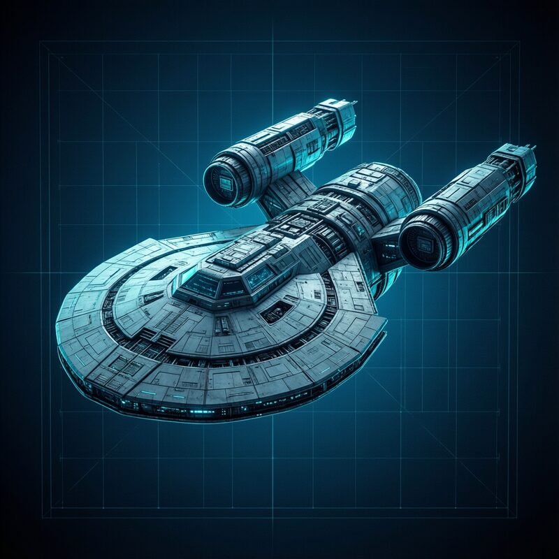 A starship hull under construction, modules shown slightly separated